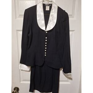 Vintage Dawn Joy Fashion 2 PC Black Blazer W/White Lapel Floor Length Skirt 7/8